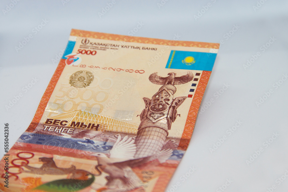 Five thousand tenge banknote close-up. Tenge paper currency design.