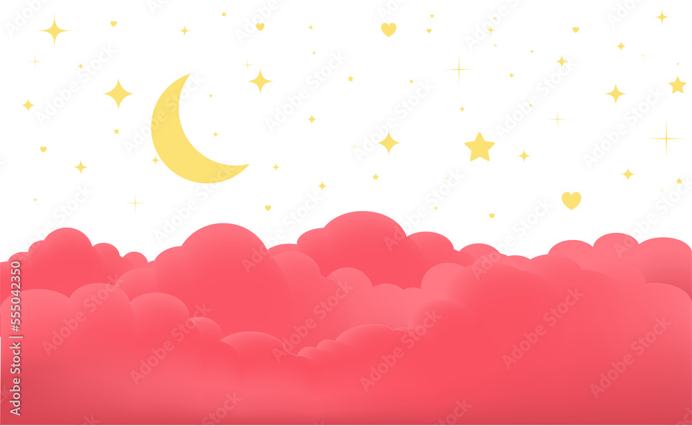Red Sky Clouds with moon and stars shiny, Valentines day beautiful background design