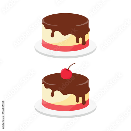 Strawberry and vanilla flavored pudding cake illustration design and chocolate topping