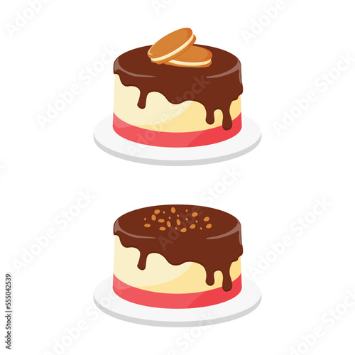 Strawberry and vanilla flavored pudding cake illustration design and chocolate topping