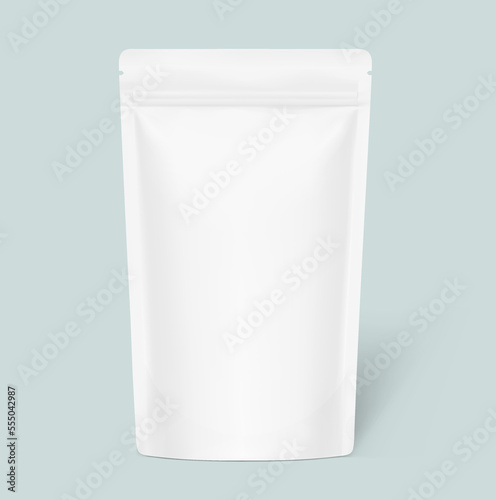Pouch stand bag mockup. Vector illustration. Front view. Can be use for template your design, presentation, promo, ad. EPS10. 