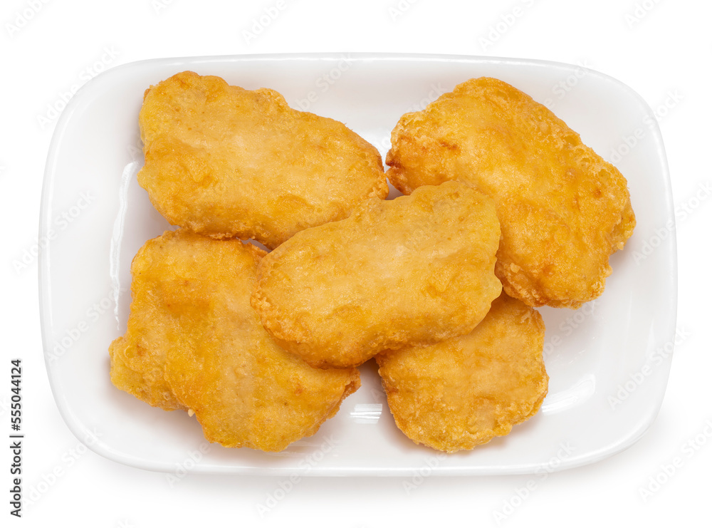 Nugget Fried chicken isolated on white dish With clipping path, Fried chicken on white background. Nugget Fried chicken isolated on white dish With clipping path, Fried chicken on white background.