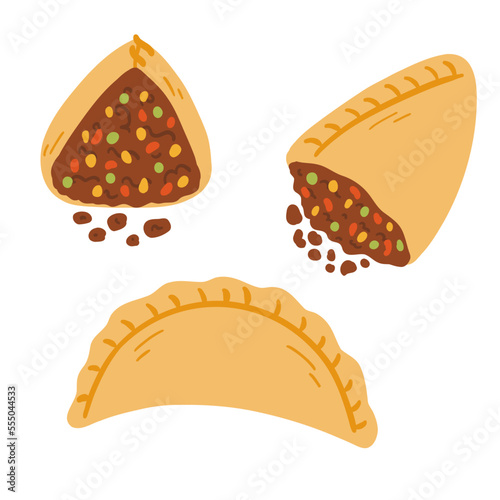 Empanadas in cartoon flat style. Hand drawn vector illustration of traditional Latino America food, folk cuisine