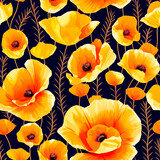 California poppy seamless flower pattern. Hand painted watercolor floral background.
