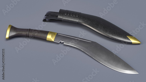 Classic Kukri knife with a leather sheath. 3D rendering