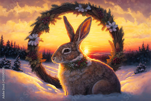 Bunny Rabbit with Winter Wreath Sunset Sunrise Holiday Christmas Greeting Card Style Painting Generative AI