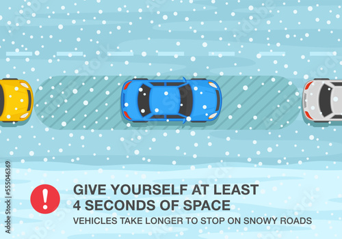 Safe car driving rules and tips. Winter season driving. Give yourself at least 4 seconds of space, vehicles take longer to stop on snowy road. Top view. Flat vector illustration template.