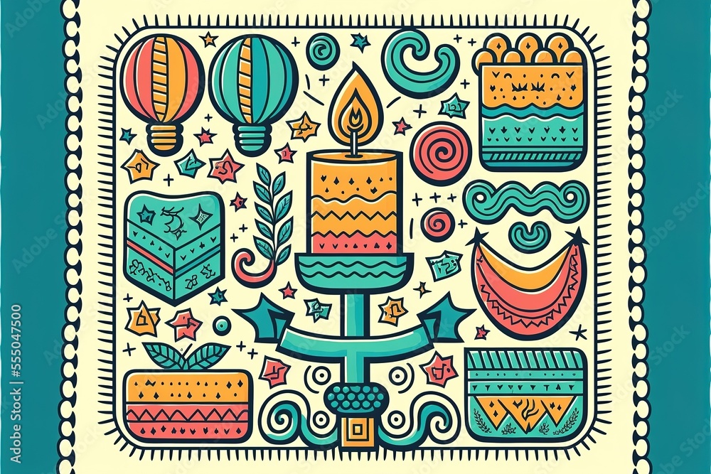 Colorful Hanukkah card with doodle elements. Generative AI