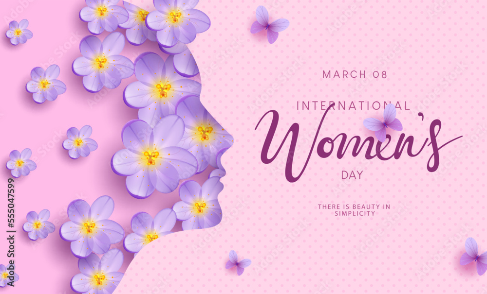 Happy women's day vector design. Women's day international march 8 text with woman side face silhouette and fresh blooming purple crocus flower background. Vector Illustration. Happy women's day vector design. Women's day international march 8 text with woman side face silhouette and fresh blooming purple crocus flower background. Vector Illustration.