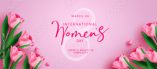 Women's day international vector design. Happy women's day text march 8 celebration with blooming tulip flowers in pink background. Vector Illustration.