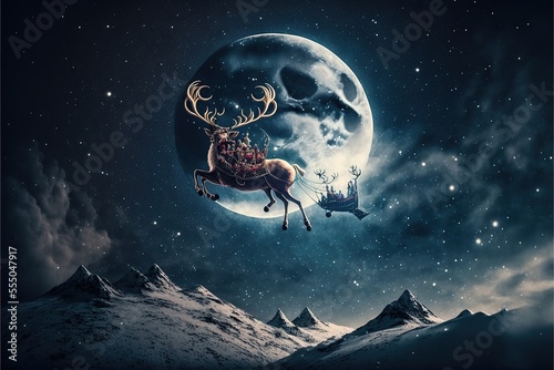 Flying reindeer and Santa sleigh with Christmas gifts  full moon background  starry sky  mountains. Generative AI