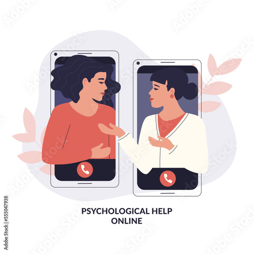 Remote online therapy. A girl with depression and mental disorders is talking to a psychoanalyst via video link. Support. Vector.