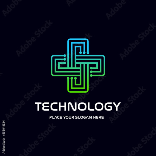 Health technology vector logo template. This design with medical symbol with dot icon. Suitable for hospital, doctor, care, cure.