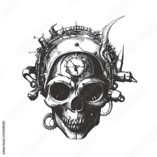 Steampunk skull. Doodle sketch. Vector illustration. Isolated on white background.