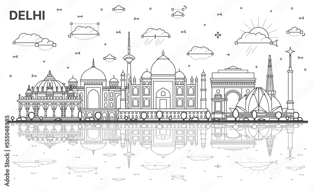 Outline Delhi India City Skyline with Historic Buildings and Reflections Isolated on White.