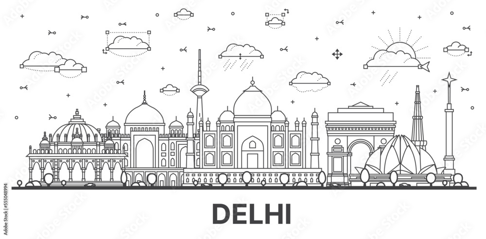 Outline Delhi India City Skyline with Historic Buildings Isolated on White.