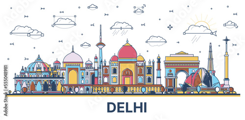 Outline Delhi India City Skyline with Colored Historic Buildings Isolated on White.