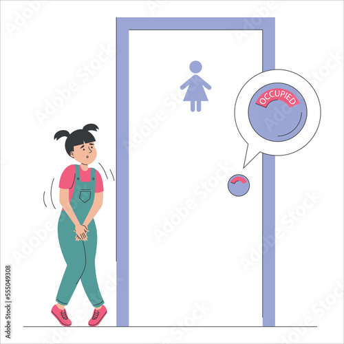 Little girl standing at the closed toilet door vector isolated. Child wants to pee. Occupied restroom. Kid with a full bladder.