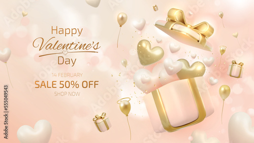 3d realistic heart shape in open gift box and balloons element and ribbon with glitter light effect decoration and bokeh. Valentine's day sale banner template background design.