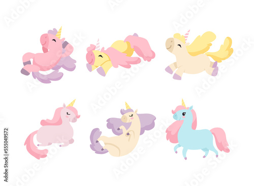 Cute Unicorn Character with Pointed Spiraling Horn and Colorful Mane Vector Set