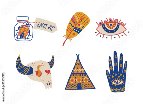 Tribal Ethnic Elements with Skull, Palm, Eye Symbol, Feather, Indian Tipi and Bug in Jar Vector Set