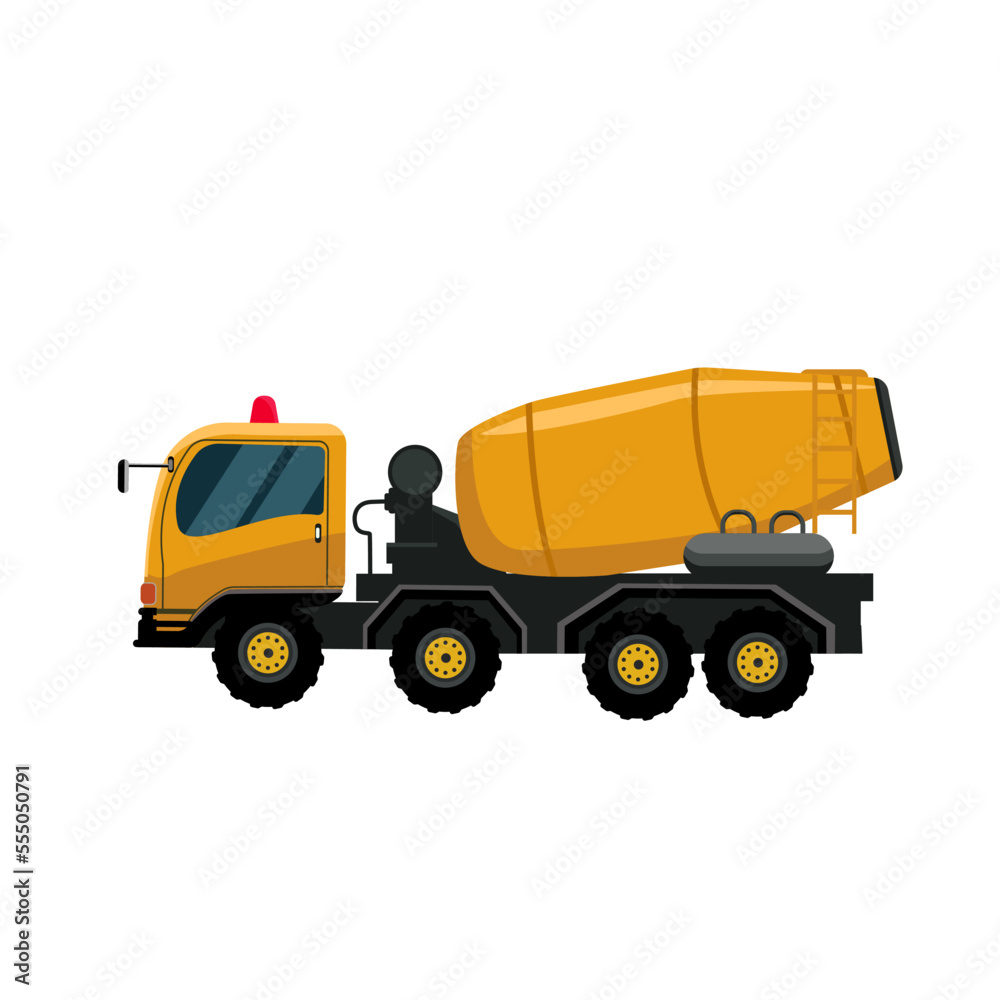 Concrete mixing truck flat vector illustration. flat design of cargo vehicle for infographic isolated on white background.