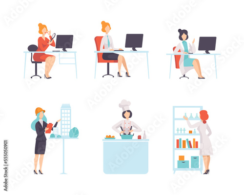 Work and Career with Woman Working and Performing Different Activity Vector Set