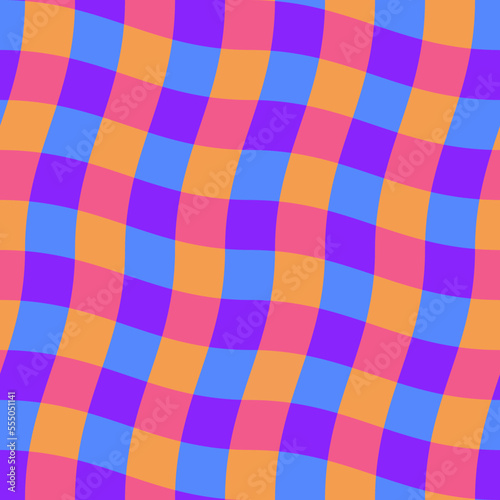 Groovy psychedelic wavy chessboard seamless pattern. Hippie twisted gingham checkerboard background. Checker retro psychedelic seamless texture. Vector illustration isolated on white background.