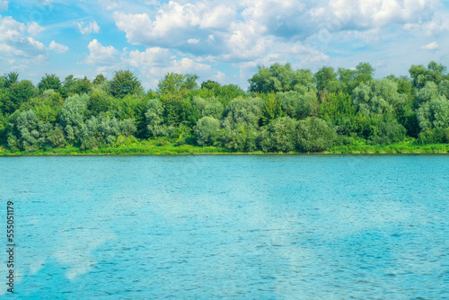 Wide river in the countryside with forest. The surface of the water in the wilderness.