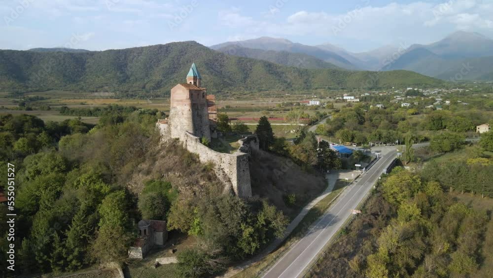 Drone shot view of Alaverdi monastery and highway in Kakheti, Caucasus, Georgia Drone shot view of Alaverdi monastery and highway in Kakheti, Caucasus, Georgia