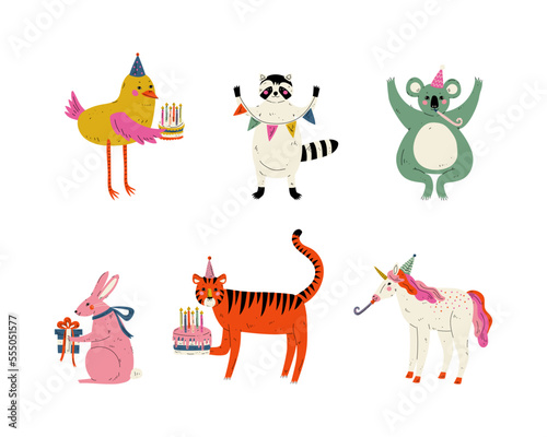 Cute Animal with Gift Box and Cake Celebrating Birthday Party Vector Set