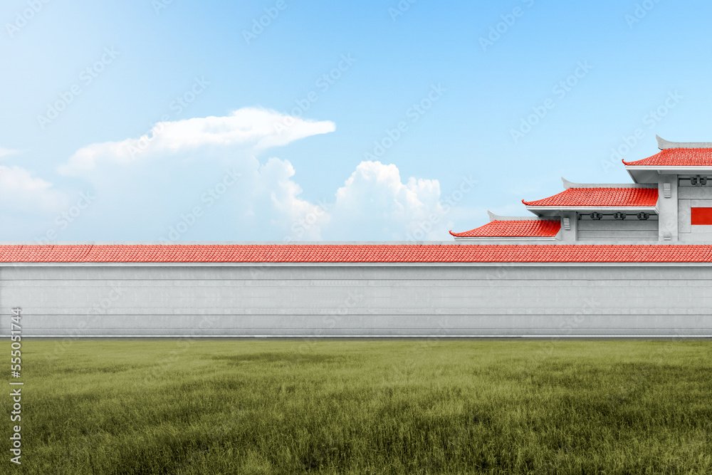 Chinese pavilion gate with red roof on the meadow