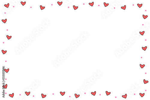 Vector - Hand drawing. Red line border with many hearts on white background. Cute frame. Can be use for card, web, label, banner or brochure. Copy space. Valentine's, Wedding day.