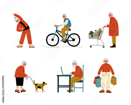 Senior Grey-haired Man and Woman Engaged in Different Activity Vector Set