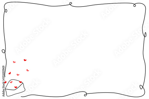 Vector - Black line border or frame with red mini hearts flying out on white envelope. Valentine's.