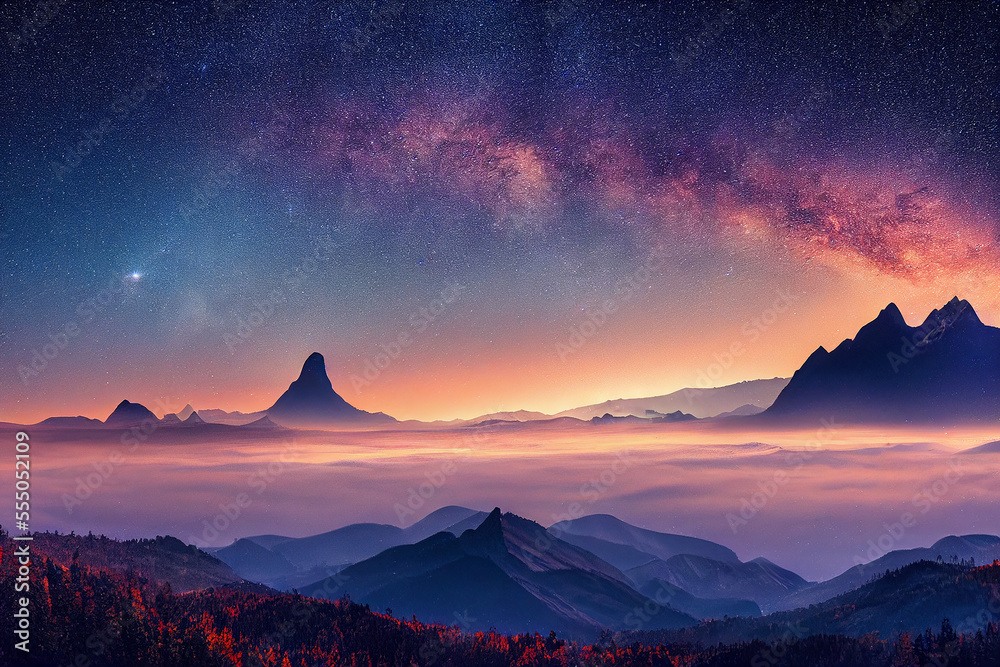 fantastic wonderland landscape Milky Way above mountains in fog at night in autumn