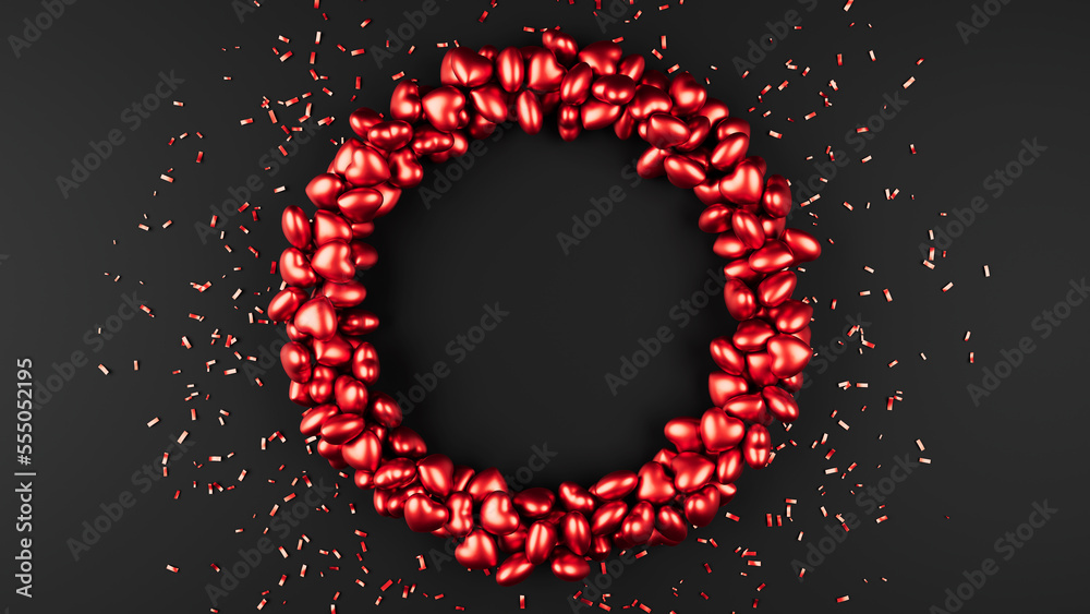 Valentine day shiny red hearts circle with confetti on black backdrop. 3d render illustration.