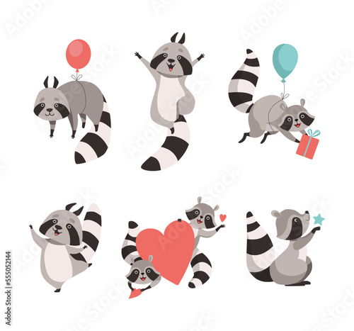 Fototapeta Naklejka Na Ścianę i Meble -  Funny Raccoon Animal Character with Striped Tail Vector Set
