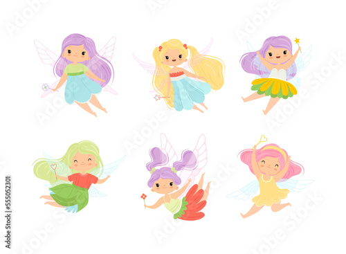 Cute Little Pixie Girl with Ethereal Wings Flying with Magic Wand Vector Set