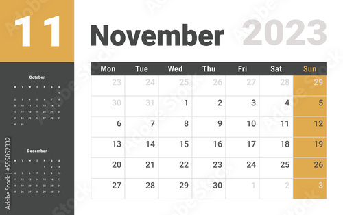 Monthly Calendar Template of november 2023. Vector layout simple calendar with week start monday.