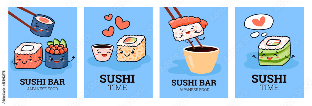 Sushi food cards or banners with cute Kawaii characters, vector illustration. Sushi food cards or banners with cute Kawaii characters, vector illustration.