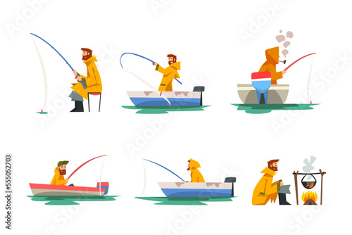 Fisherman characters set. Men fishing with rod on shore and boat, cooking freshly caught fish on fire vector illustration