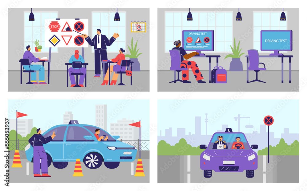 Driving school banners with instructor and student drivers vector illustration. Driving school banners with instructor and student drivers vector illustration.