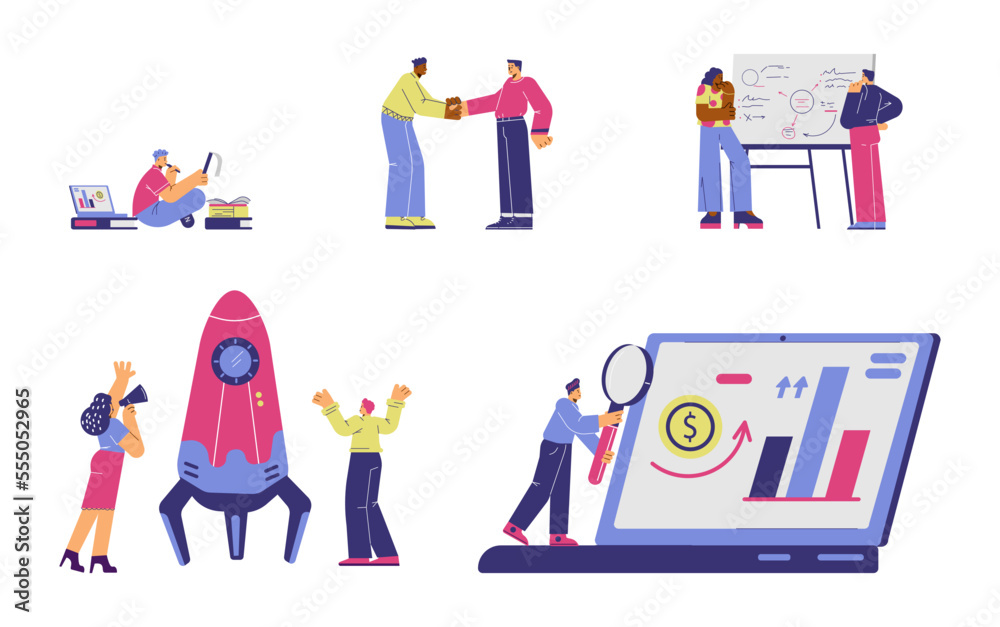 Set of scenes with people about start up flat style, vector illustration