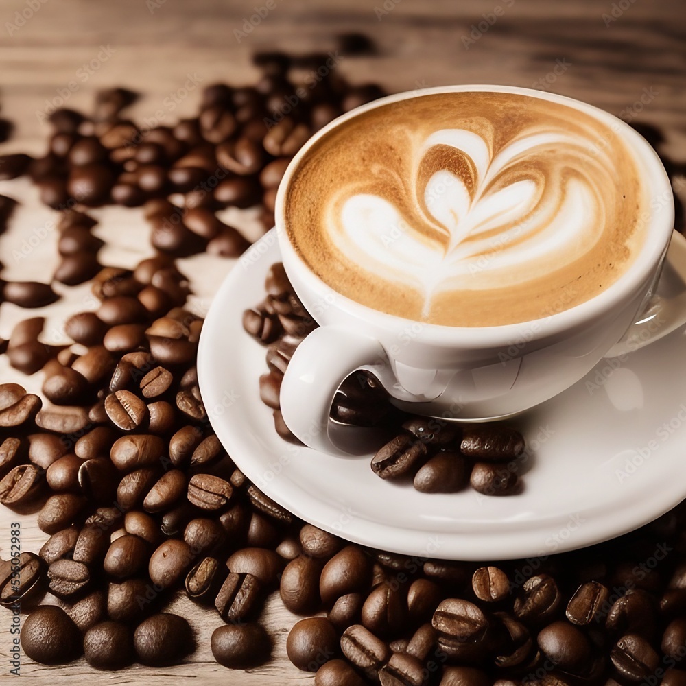 Cup of coffee with beans on a wooden table. Generative AI Cup of coffee with beans on a wooden table. Generative AI