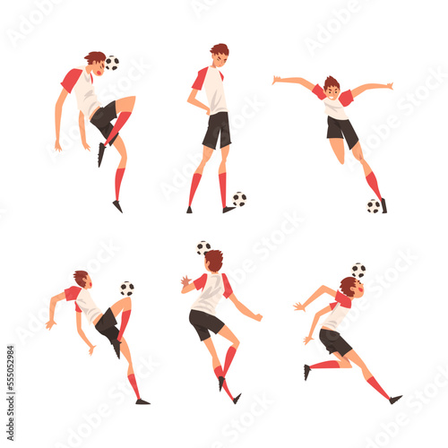 Soccer players in uniform in different action poses set. Male athletes jumping  running and kicking ball cartoon vector illustration