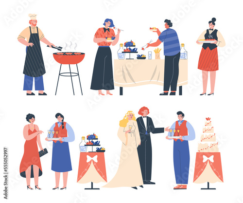 Catering service staff providing food and drink to guests, flat vector isolated.