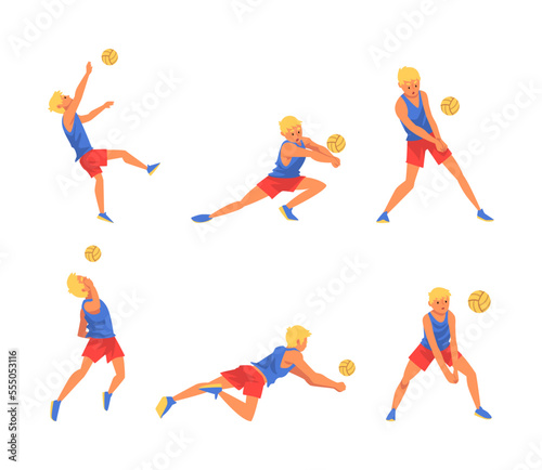 Cheerful man volleyball player in different action poses set. Male athlete in uniform jumping with ball cartoon vector illustration