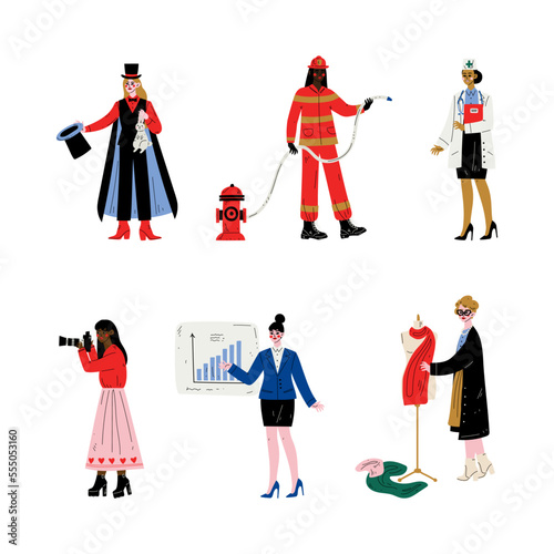 People of various professions set. Magician  firefighter  fireman  photographer  tailor  businesswoman cartoon vector illustration