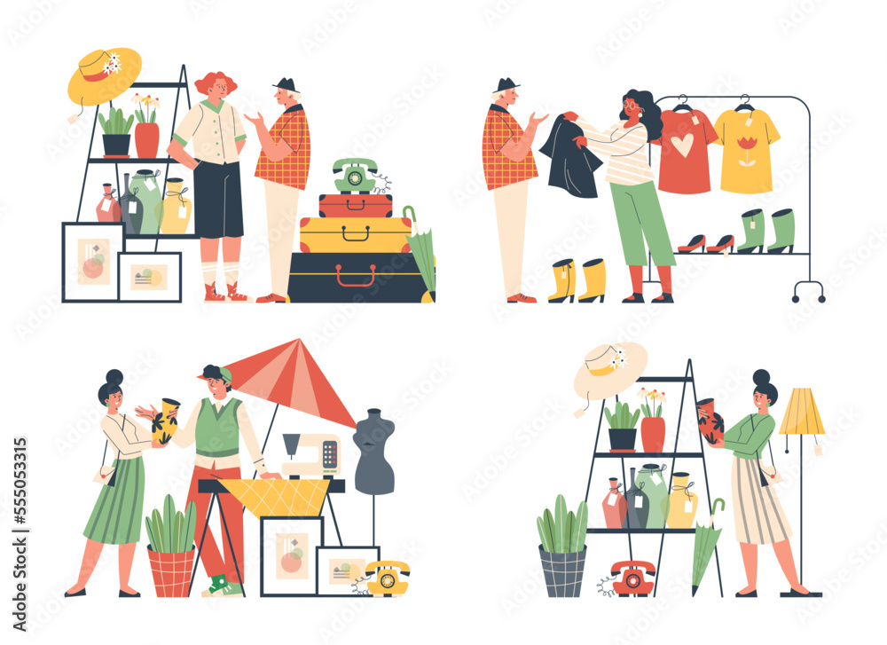 Ταπετσαρία Set of scenes about flea market flat style, vector illustration